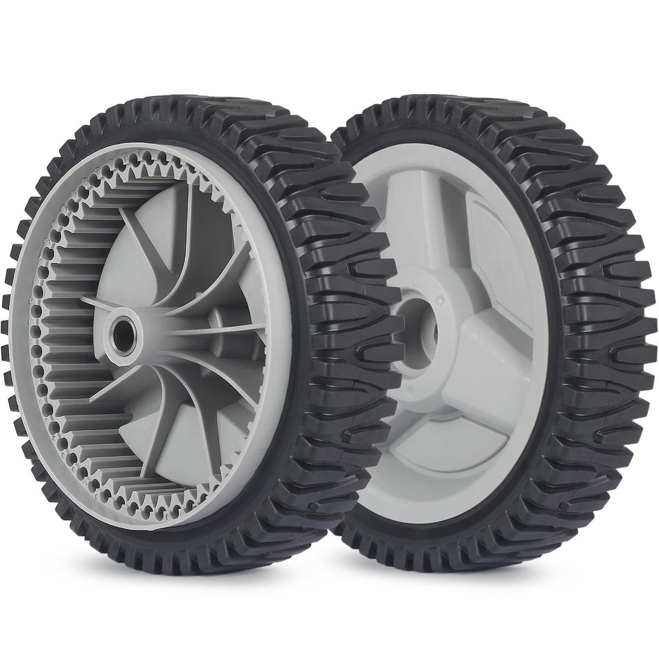 GICOOL 8-inch front drive wheels installed on a Husqvarna mower for smoother mowing