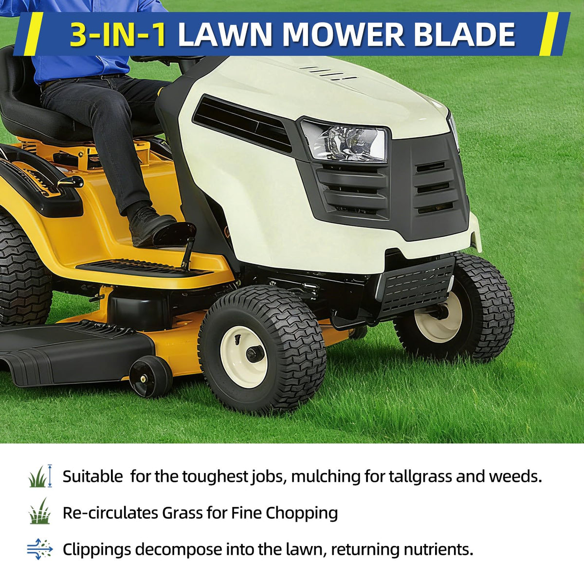 GICOOL 942-04308 blades shown with 3-in-1 mulching, bagging, and side-discharging use.