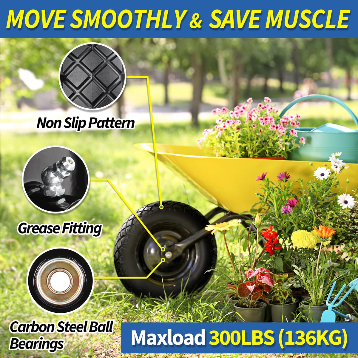 GICOOL 3-6 inch centered hub, side angle, versatile fit for garden trolleys.