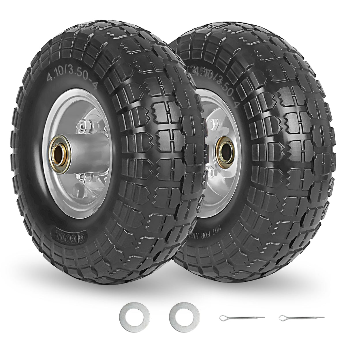 GICOOL flat-free tire 410-350-4 on a 10-inch wheel for carts, maintenance-free use