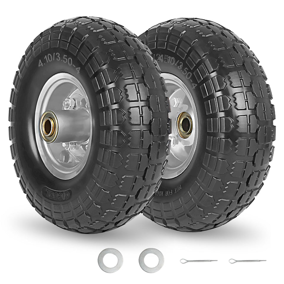 GICOOL flat-free tire 410-350-4 on a 10-inch wheel for carts, maintenance-free use