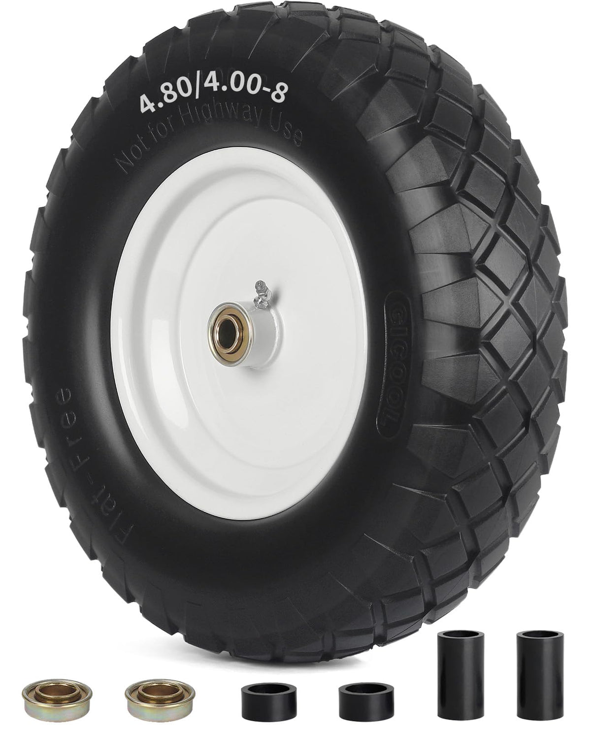 GICOOL flat-free wheelbarrow tire side view showing rugged, maintenance-free design for yard tasks