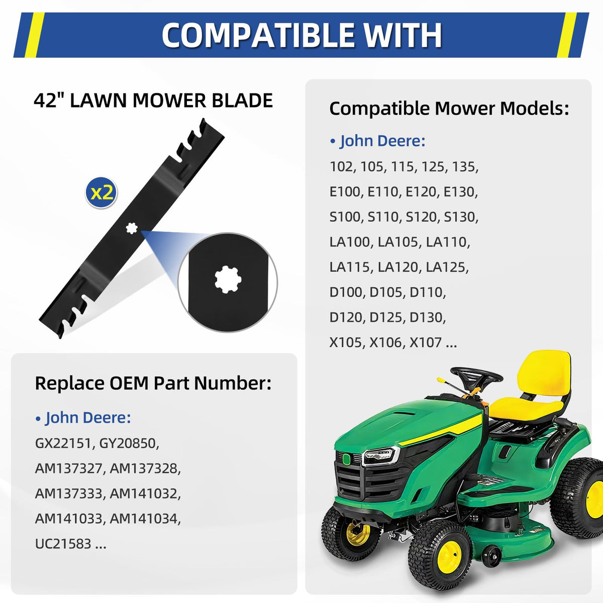 GICOOL GY20850 fits John Deere 42-inch decks for broad compatibility.