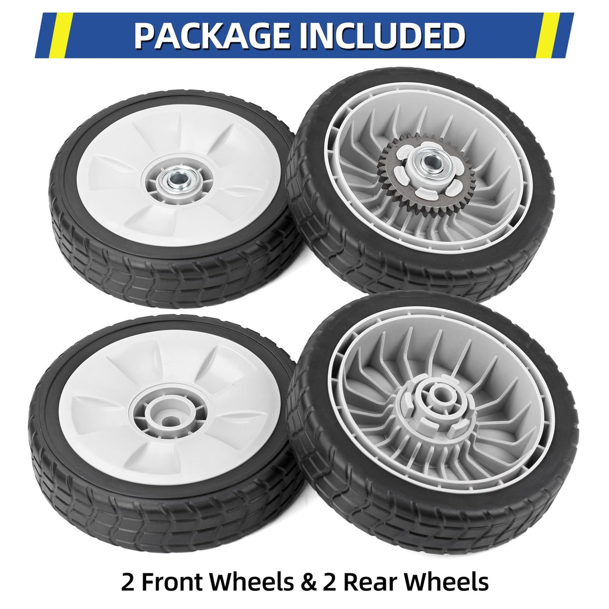 GICOOL HRR216 mower wheels four-pack ready for fast DIY maintenance.