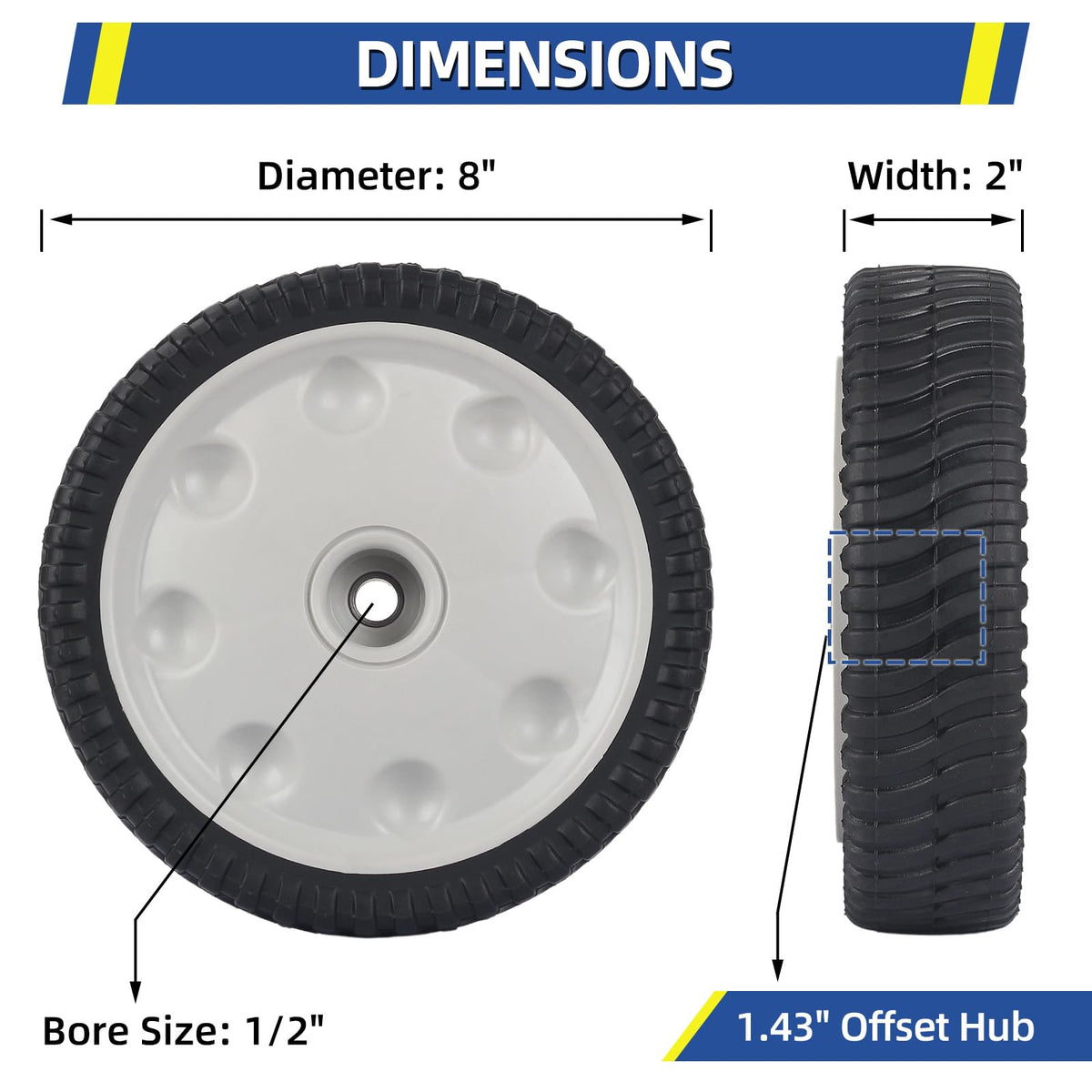 GICOOL lawn mower wheel 8x2in for smooth rolling on uneven terrain.