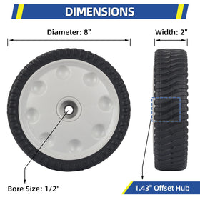 GICOOL lawn mower wheel 8x2in for smooth rolling on uneven terrain.