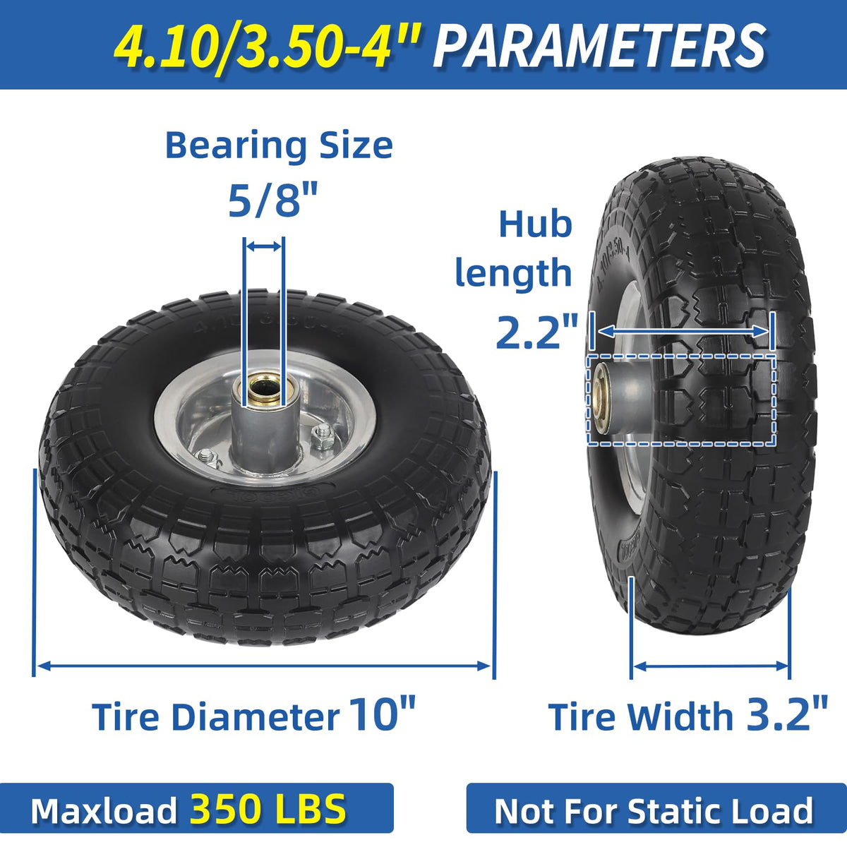 GICOOL PU solid tire and wheel assembly shown for garden carts