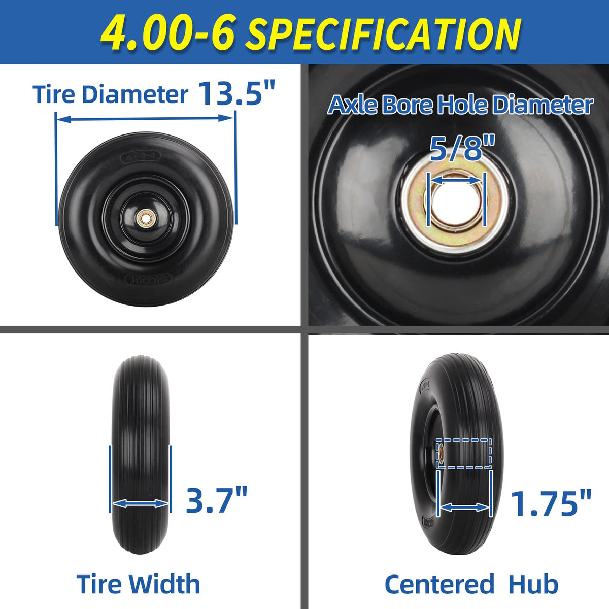 GICOOL solid 4-00-6 tire close-up highlighting durable, air-less construction.
