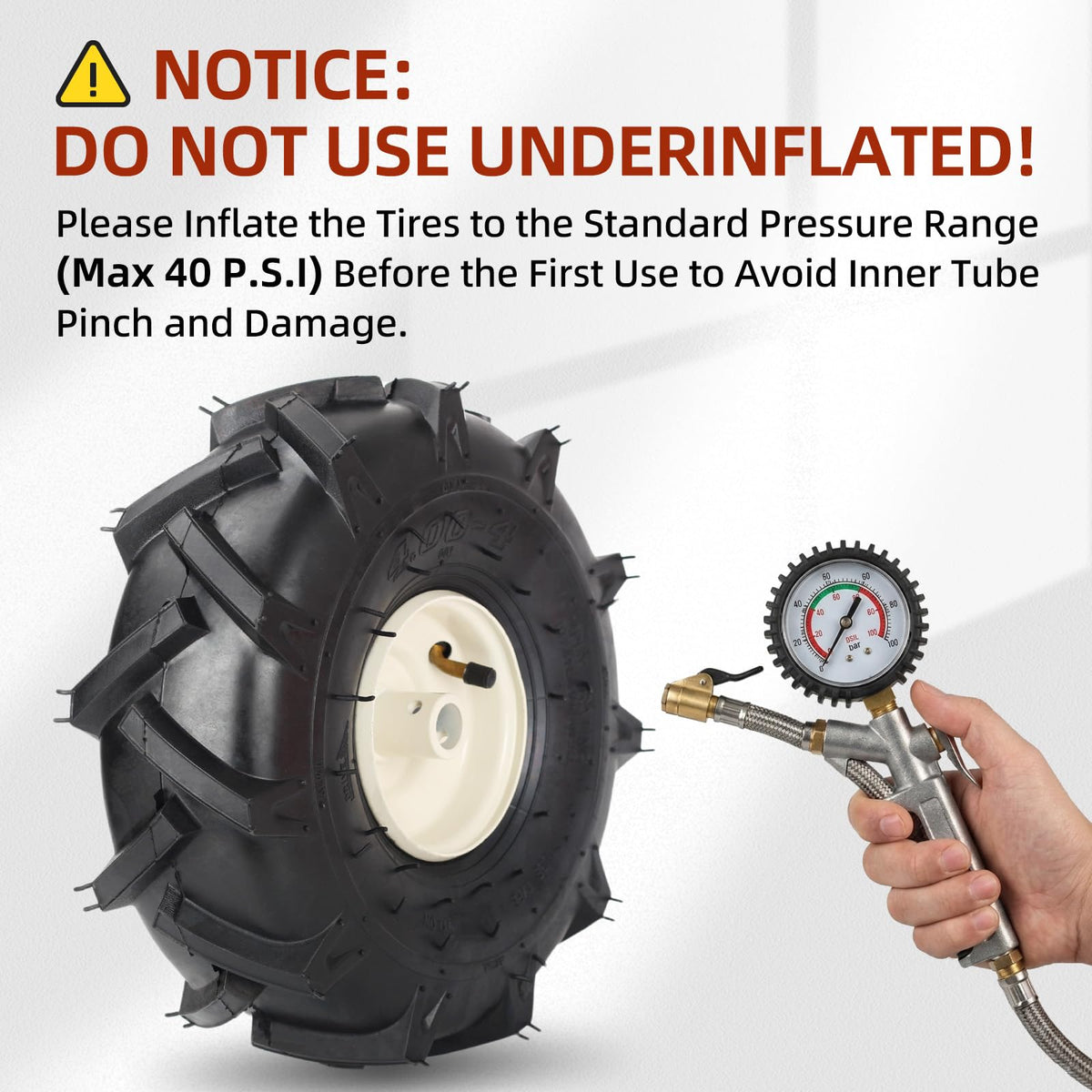 GICOOL 11x4 tiller tire, right wheel, enhances control during garden prep.