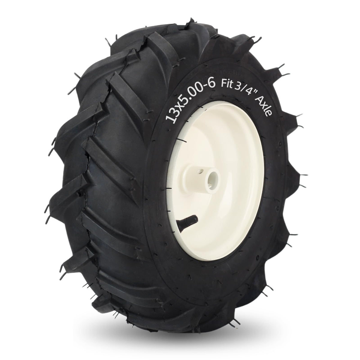 GICOOL 13x5-6 tiller tire tread closeup highlighting heavy lug traction for rugged jobs.