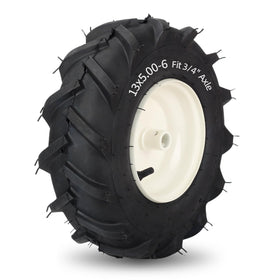 GICOOL 13x5-6 tiller tire tread closeup highlighting heavy lug traction for rugged jobs.