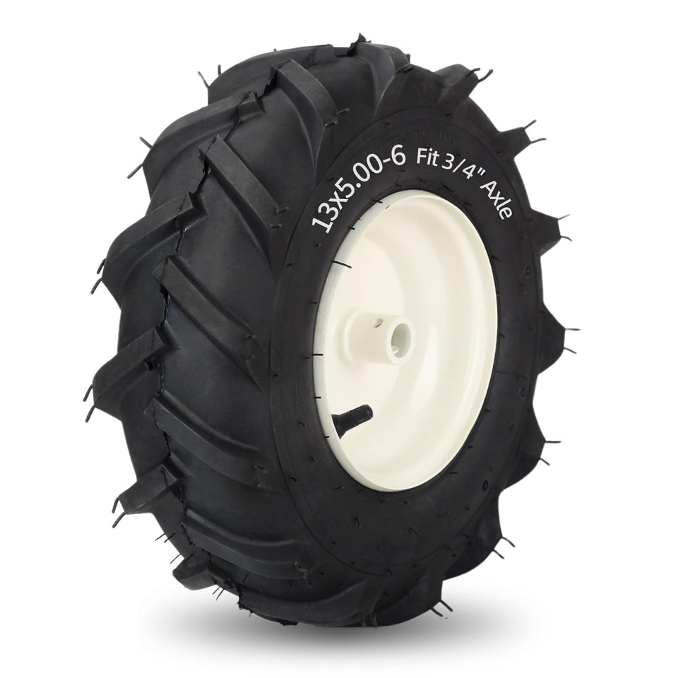 GICOOL 13x5-6 tiller tire tread closeup highlighting heavy lug traction for rugged jobs.