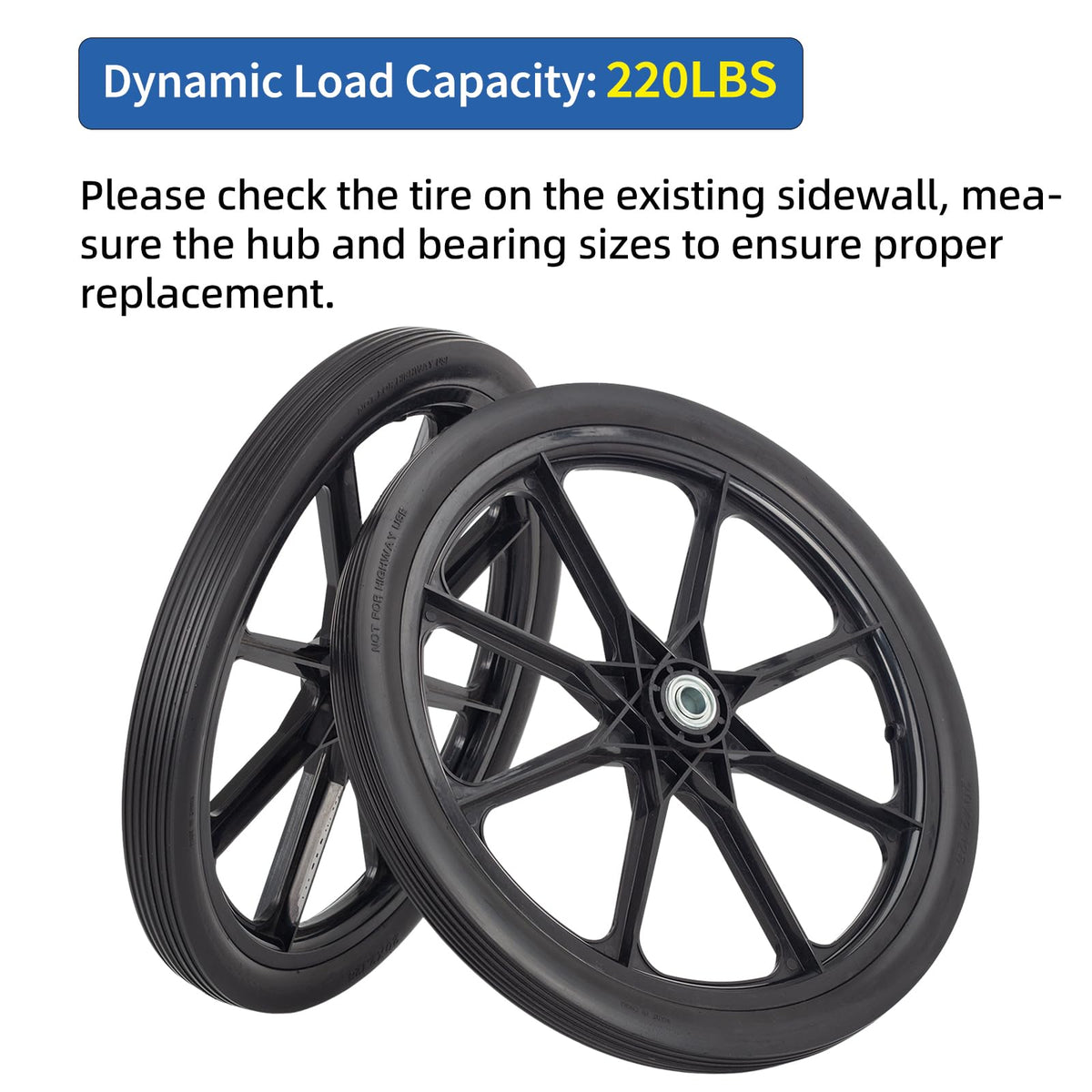 Two-pack replacement wheel ready for Rubbermaid wheelbarrows and garden carts