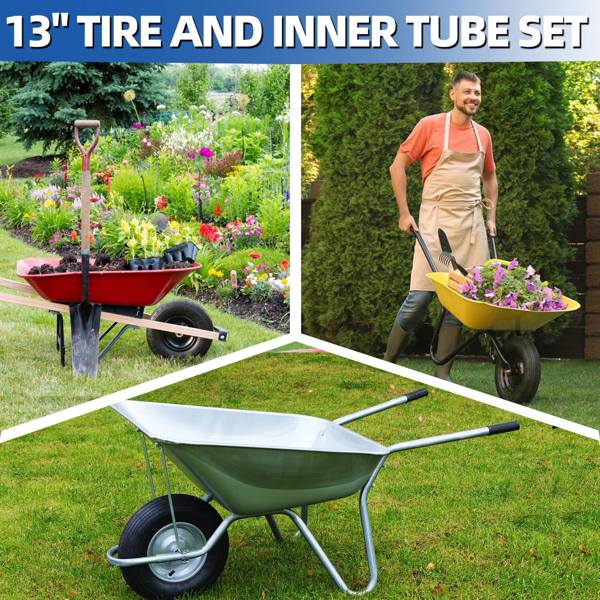 GICOOL wheelbarrow setup with two tires and tubes ready for quick replacement.