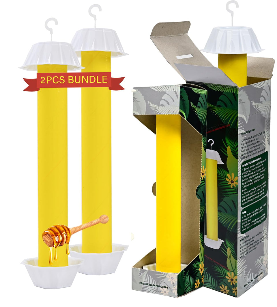 Gideal yellow fly trap indoors on a window sill attracts and traps flies.