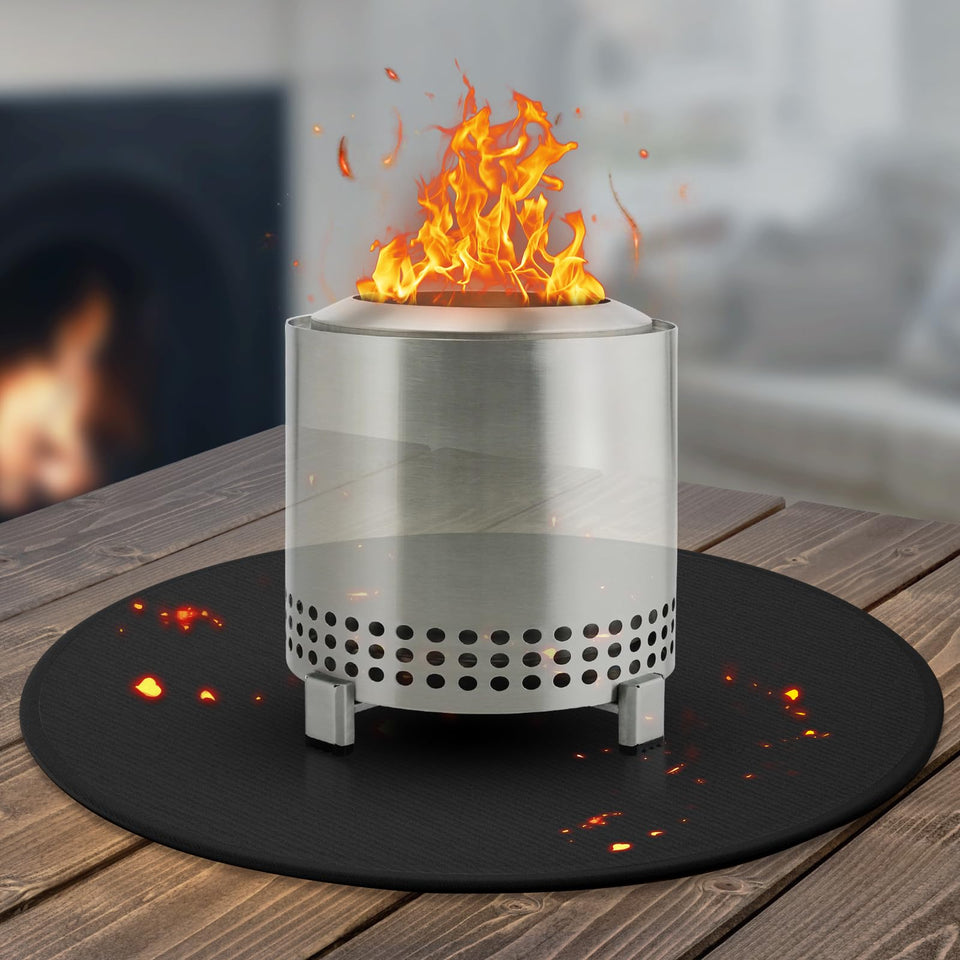 GIESIOE 20-inch fire pit mat on a table protecting from embers and heat