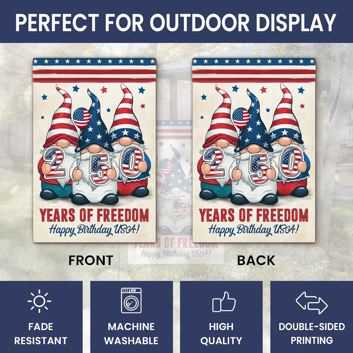 Gift Glow Gnome 250-year flag, back double-sided design for versatile yard decor.