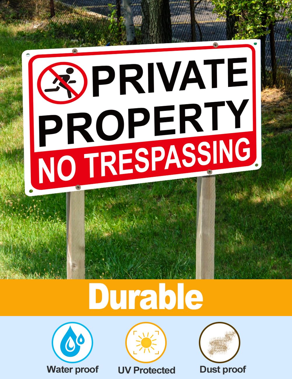 Giftape front-gate no trespassing sign, high visibility in any light.
