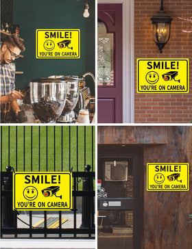 Giftape yellow and black camera sign draws attention to deter intruders