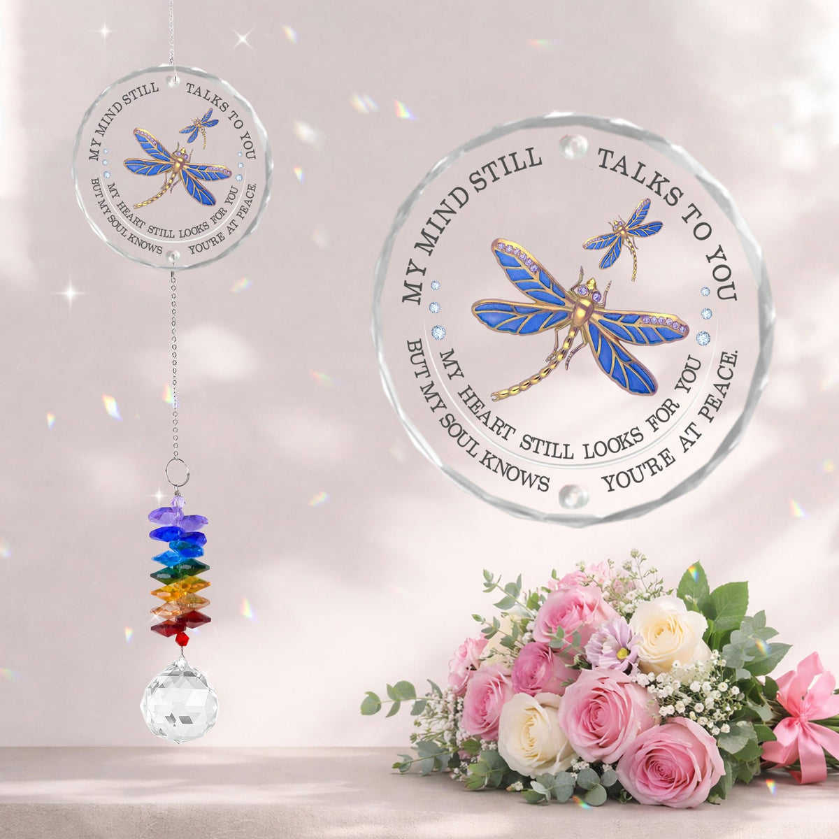 GIFTELIX Memorial Suncatcher Dragonfly captures sunlight to cast peaceful rainbow reflections.
