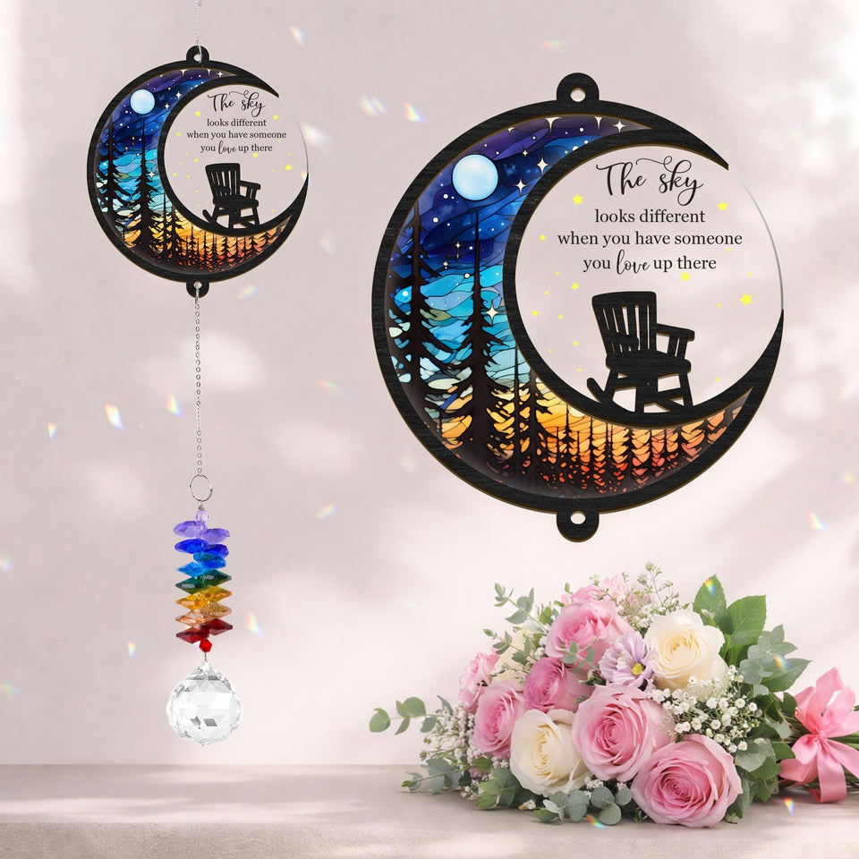 Giftelix Moon Chair Suncatcher displays a gentle glow in a sunny window, a memorial keepsake