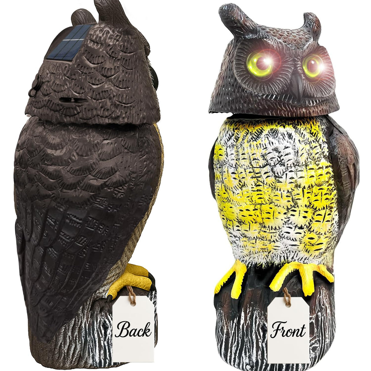 GiftExpress 17-inch owl decoy front view; sun-powered deterrence for birds.