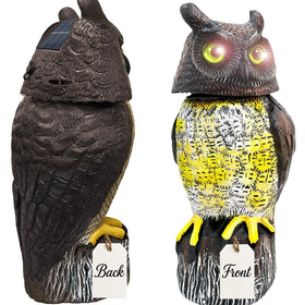 GiftExpress 17-inch owl decoy front view; sun-powered deterrence for birds.