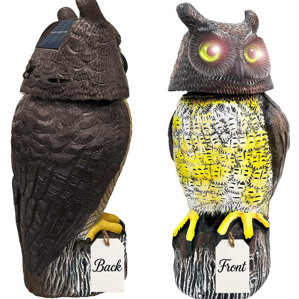 GiftExpress 17-inch owl decoy front view; sun-powered deterrence for birds.