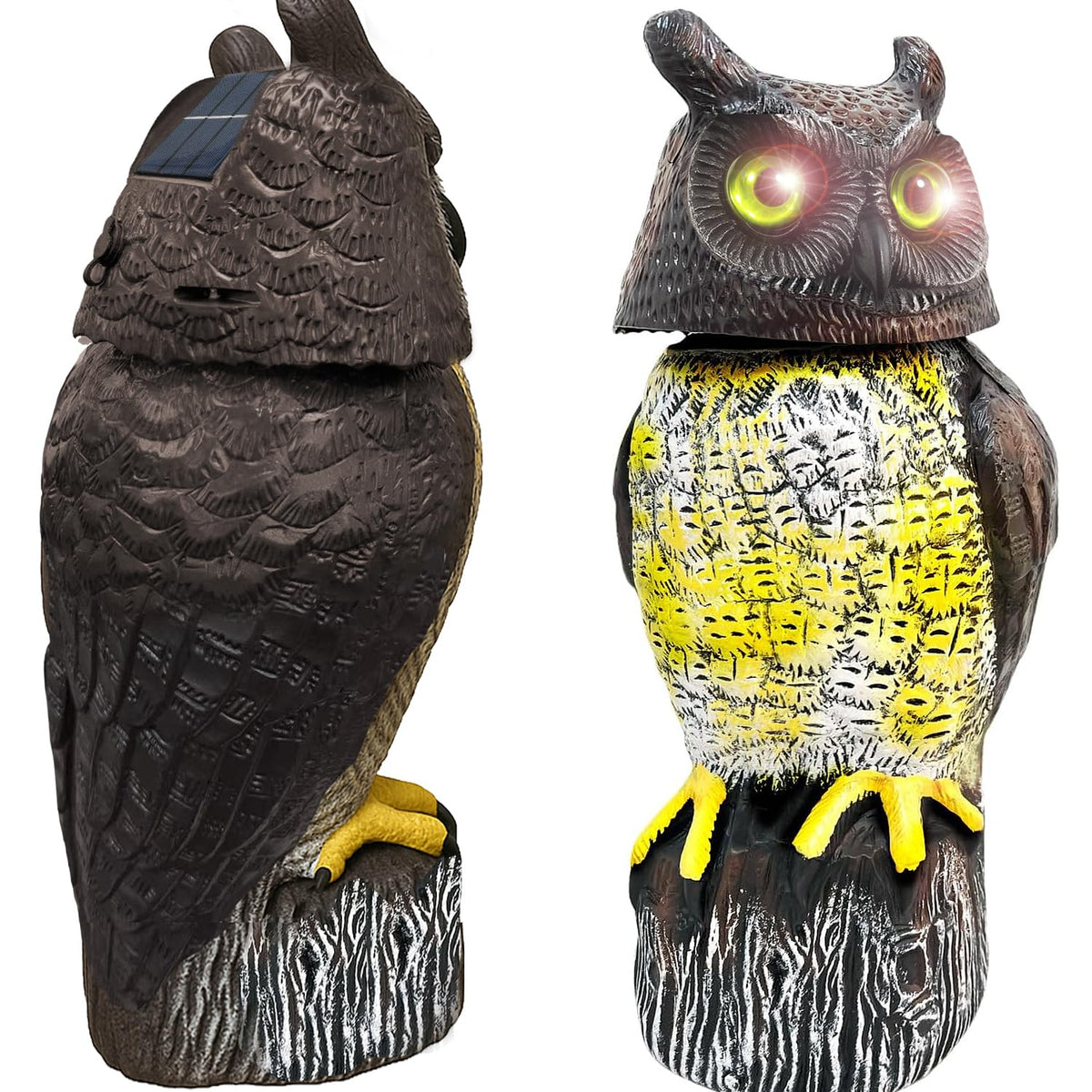 GiftExpress owl decoy in garden setup for flexible patio or roof placement.