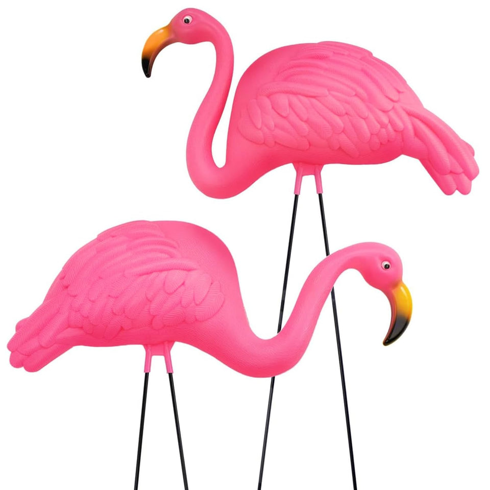 GiftExpress pink flamingos stand 24 inches tall, ideal for eye-catching lawn decor.