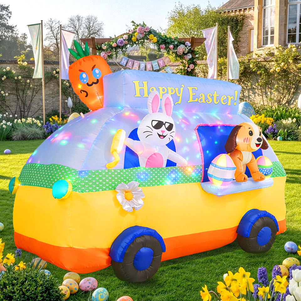 GIFTFIND Easter inflatable bus with bunny and dog for a bold yard display