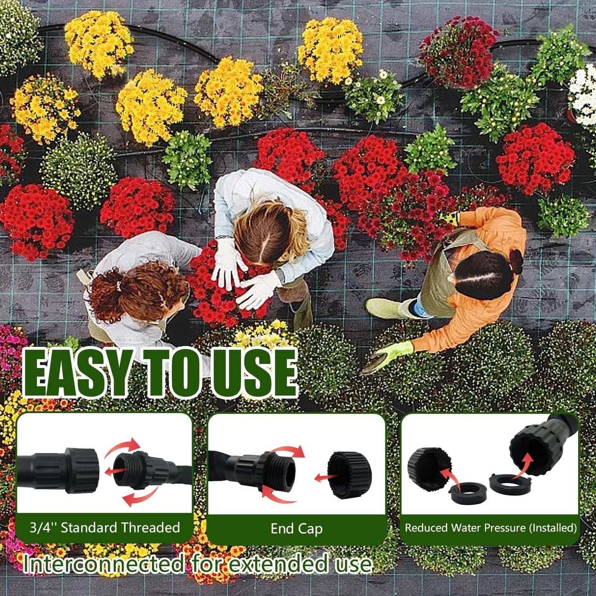Giftsfaloy hose ends connect to faucets and timers for easy DIY irrigation setup.