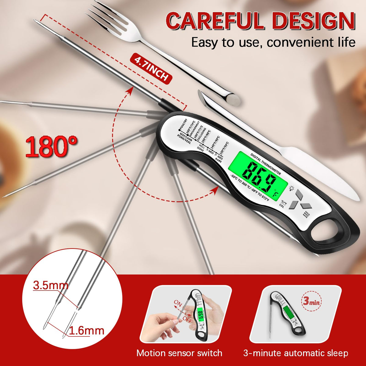 Giftsfaloy IP67 waterproof thermometer withstands splashes during cooking.
