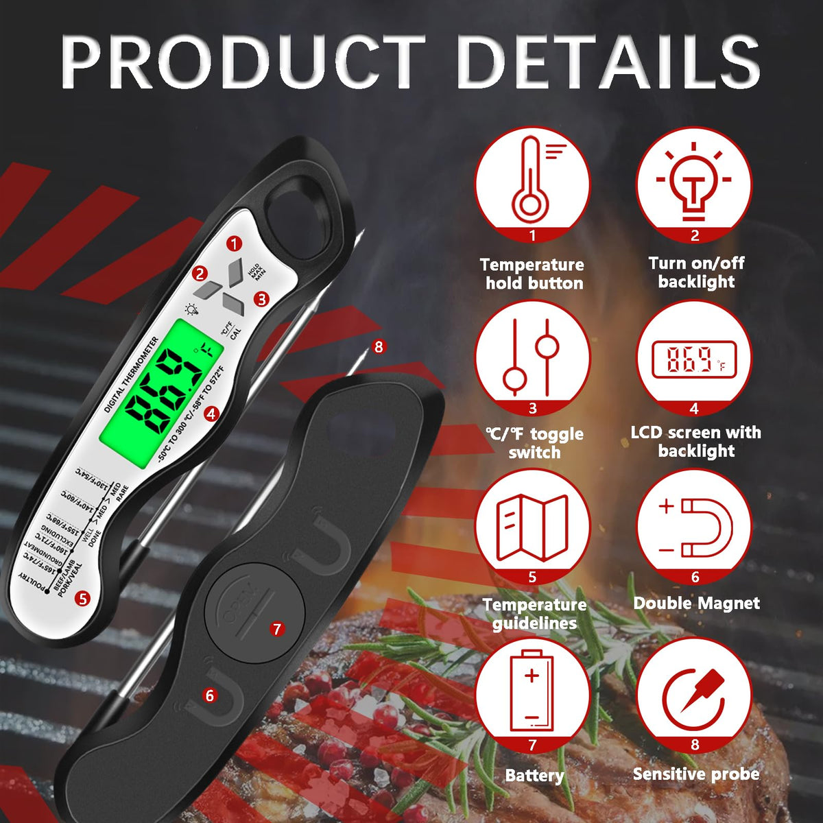 Giftsfaloy thermometer with magnet and hanging hole for easy storage.
