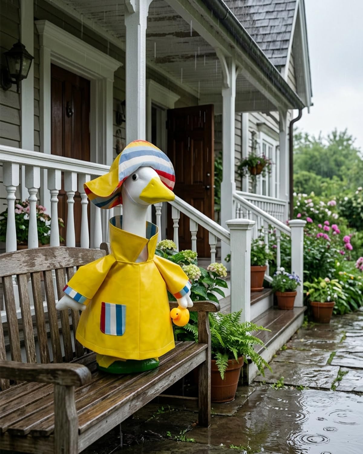 Gigacircle garden decor scene featuring a sunny porch goose.