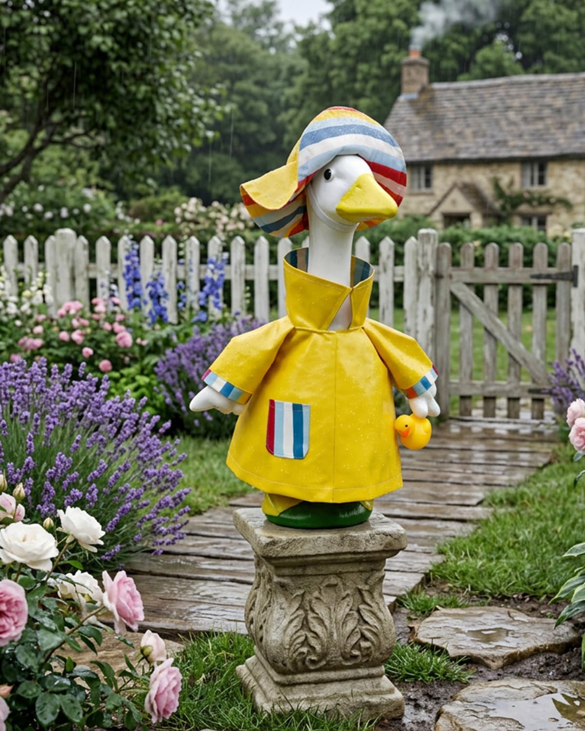 Gigacircle little duck buddy attached to raincoat for whimsy.