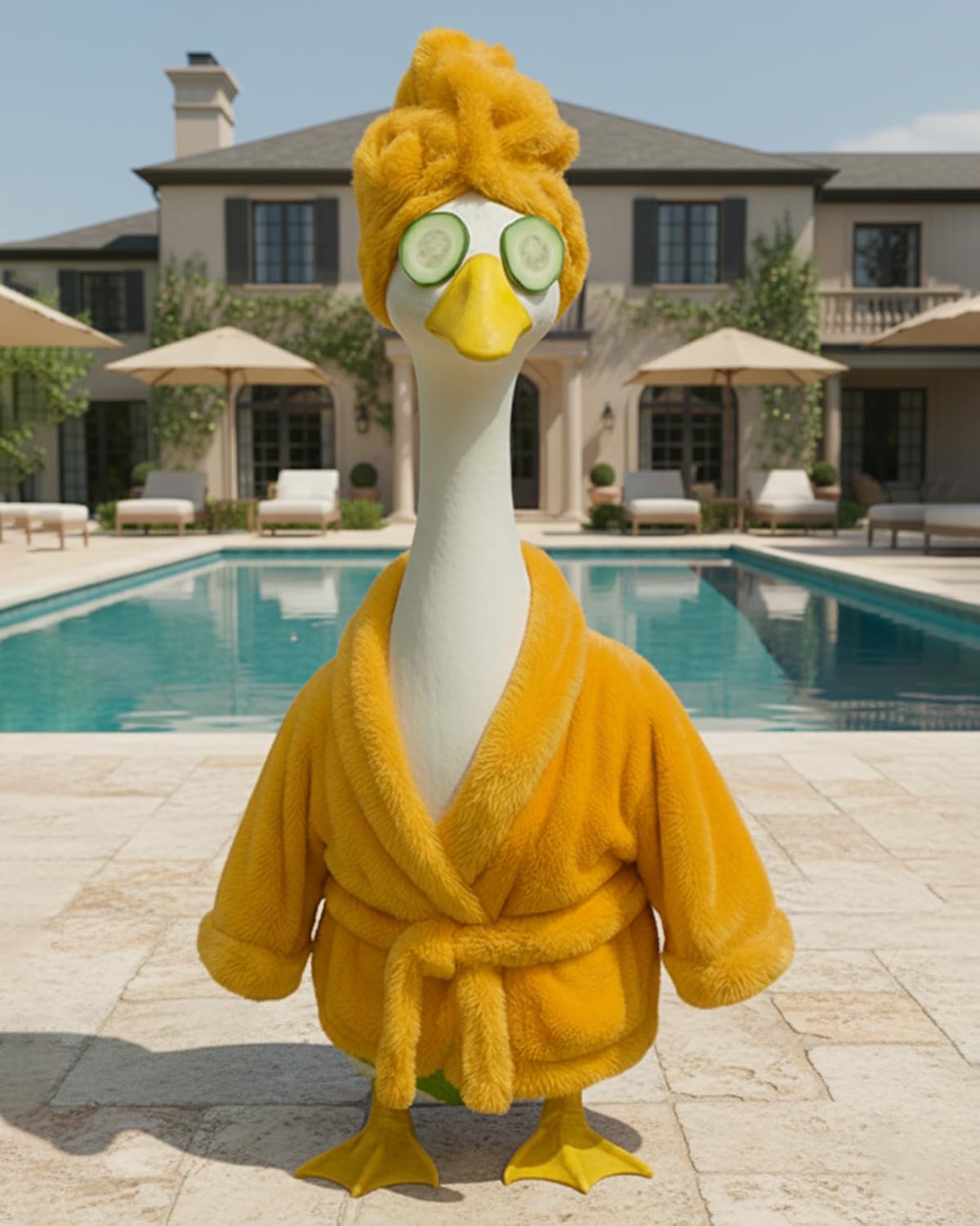 GigaCircle Spa Shower Cap on porch goose enhances playful outdoor spa vibe