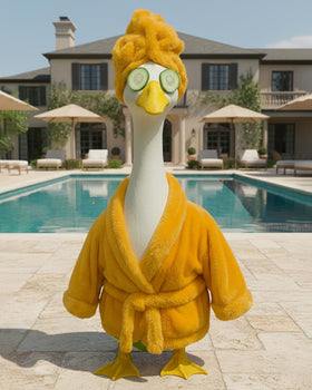 GigaCircle Spa Shower Cap on porch goose enhances playful outdoor spa vibe