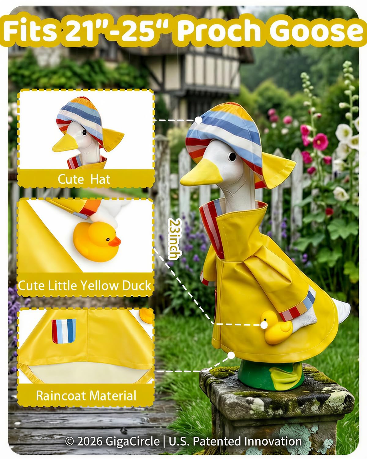 Gigacircle goose with matching hat and raincoat for porch decor.