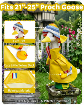 Gigacircle goose with matching hat and raincoat for porch decor.