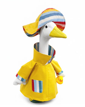 Gigacircle porch goose wearing yellow raincoat ready for spring showers.