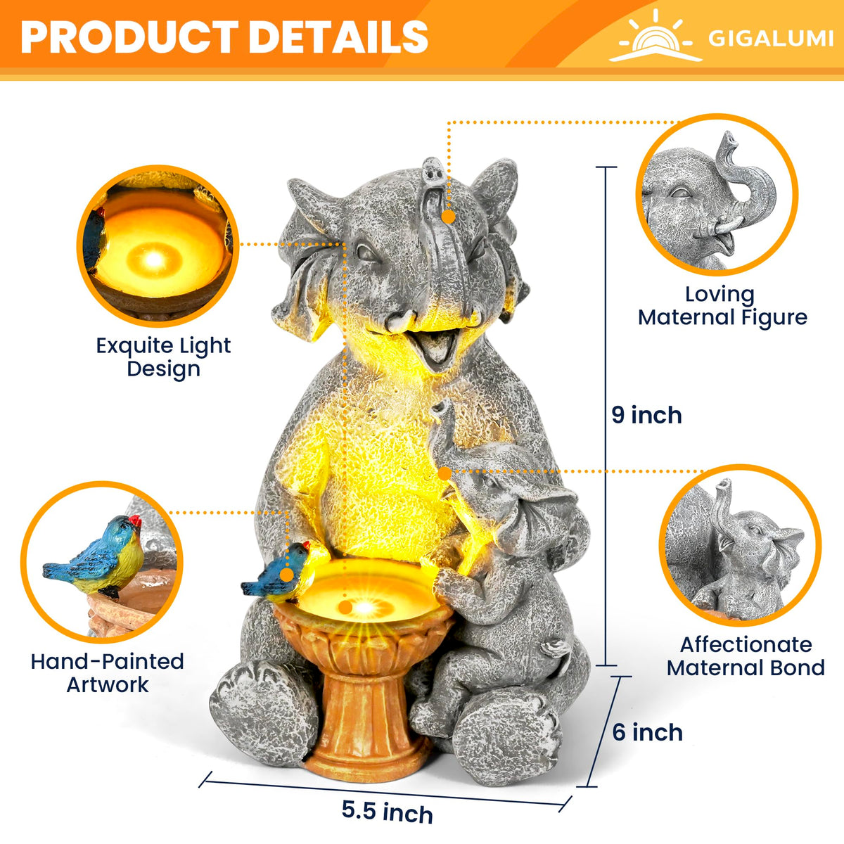 GIGALUMI baby elephant on mother's lap statue with water feature for lifelike charm.