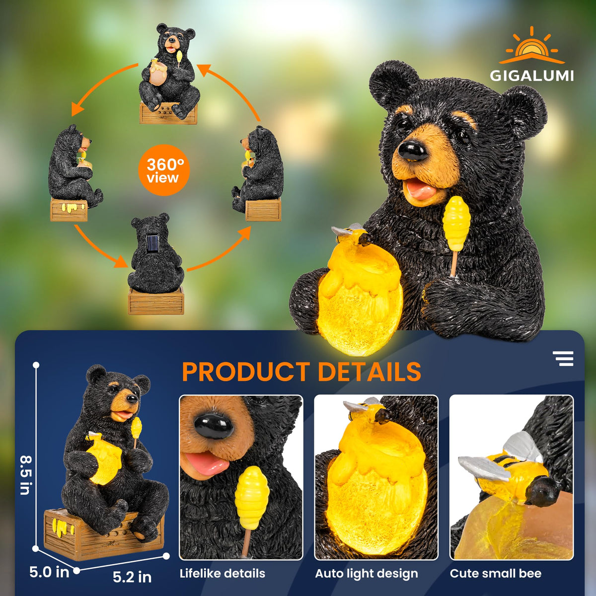 GIGALUMI light-up bear statue creates cozy ambiance in the garden at dusk.