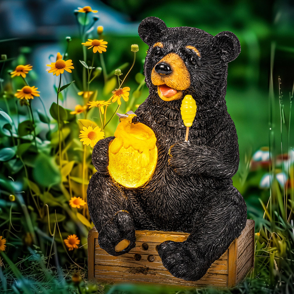 GIGALUMI bear statue with honey jar on beehive adds outdoor charm day and night.