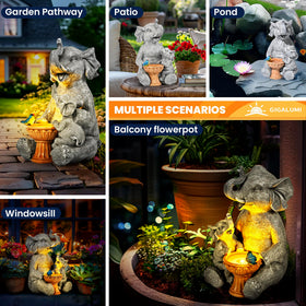 GIGALUMI elephant statue with bird enhances garden scenes with playful elements.