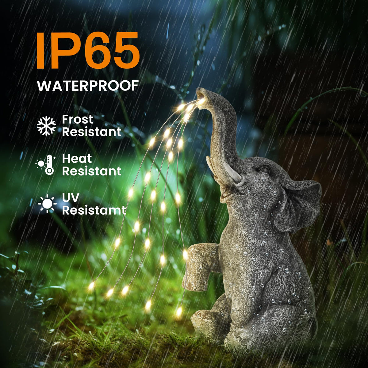 GIGALUMI elephant statue with LED lights, illuminated water flow for cozy yard lighting.