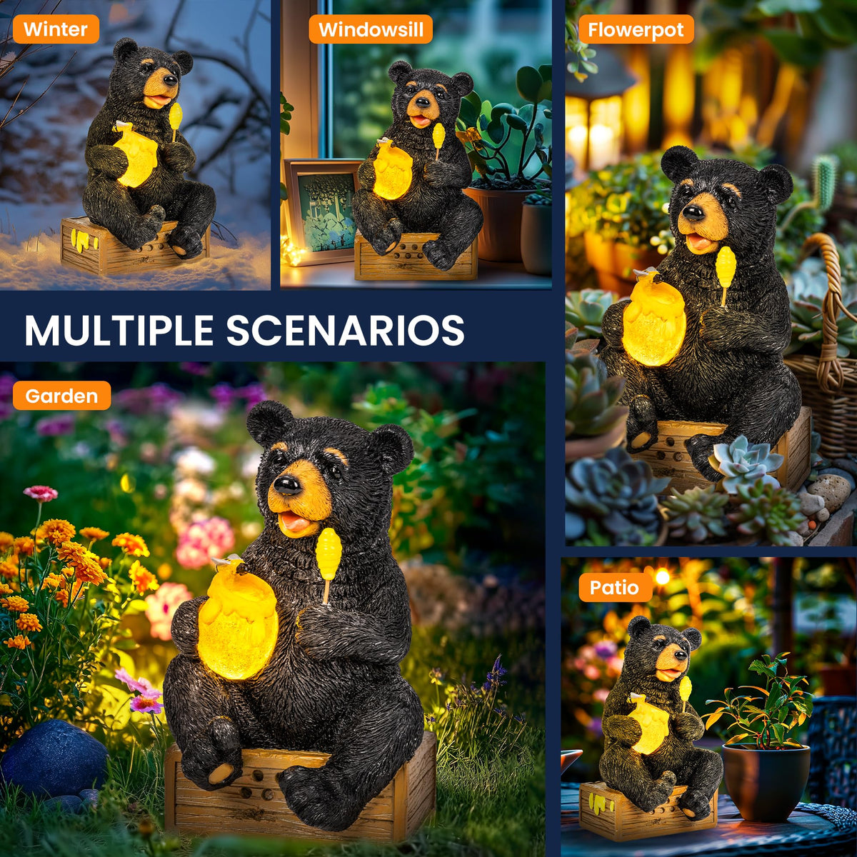 GIGALUMI solar bear garden light provides warm glow for pathways and patios.