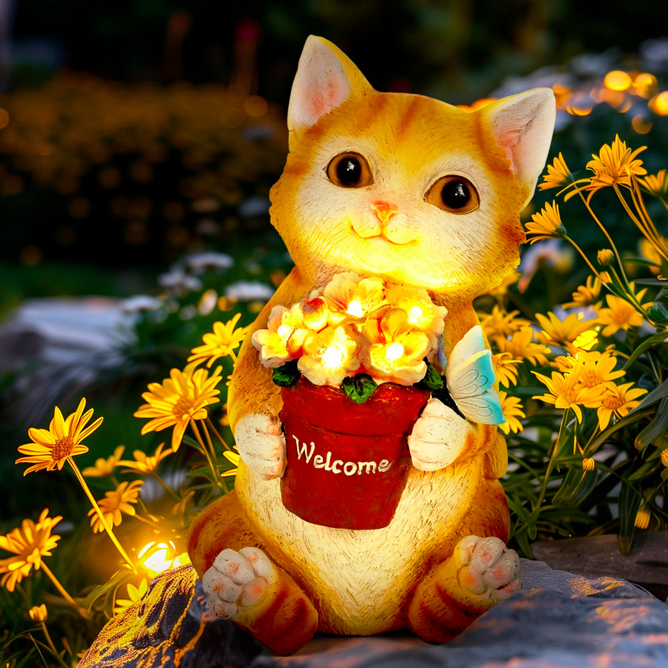 GIGALUMI solar cat flowerpot statue lights by day for charming garden decor.