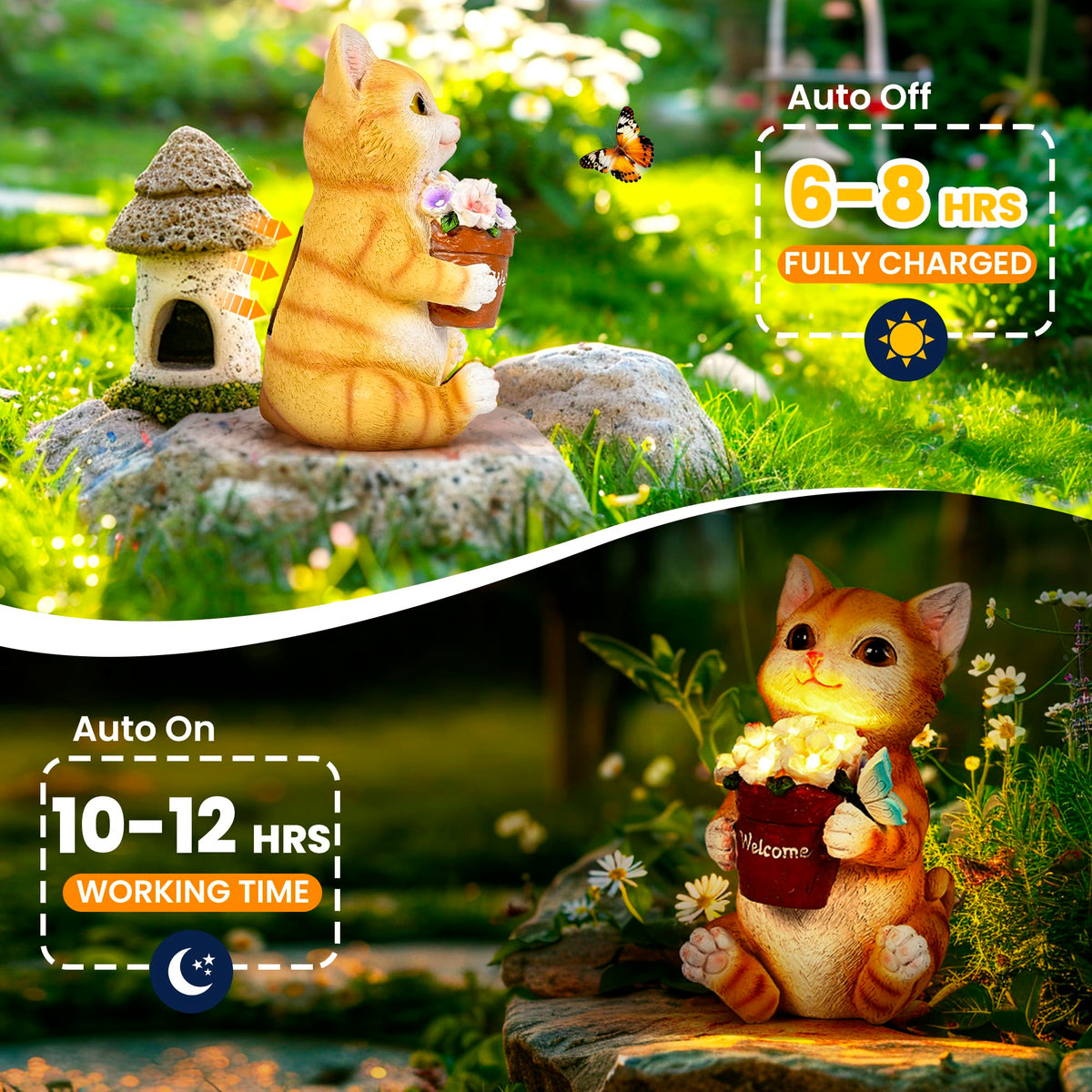 GIGALUMI solar cat statue lights automatically after sunset for cozy outdoor spaces.