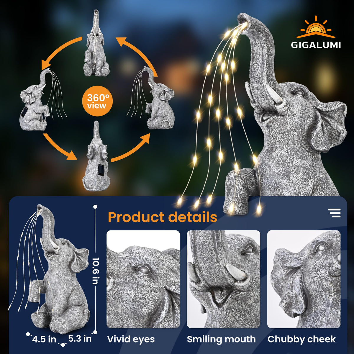 GIGALUMI solar elephant sculpture, nighttime glow over yard decor creates inviting balcony atmosphere.